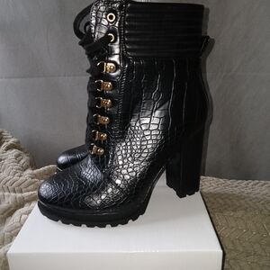 Shoe Dazzle Shandee Black Embossed Lace-Up Boots with Gold Accents
